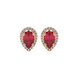 Pear shape raspberry red gemstone earrings, rose gold french pavé halo setting.