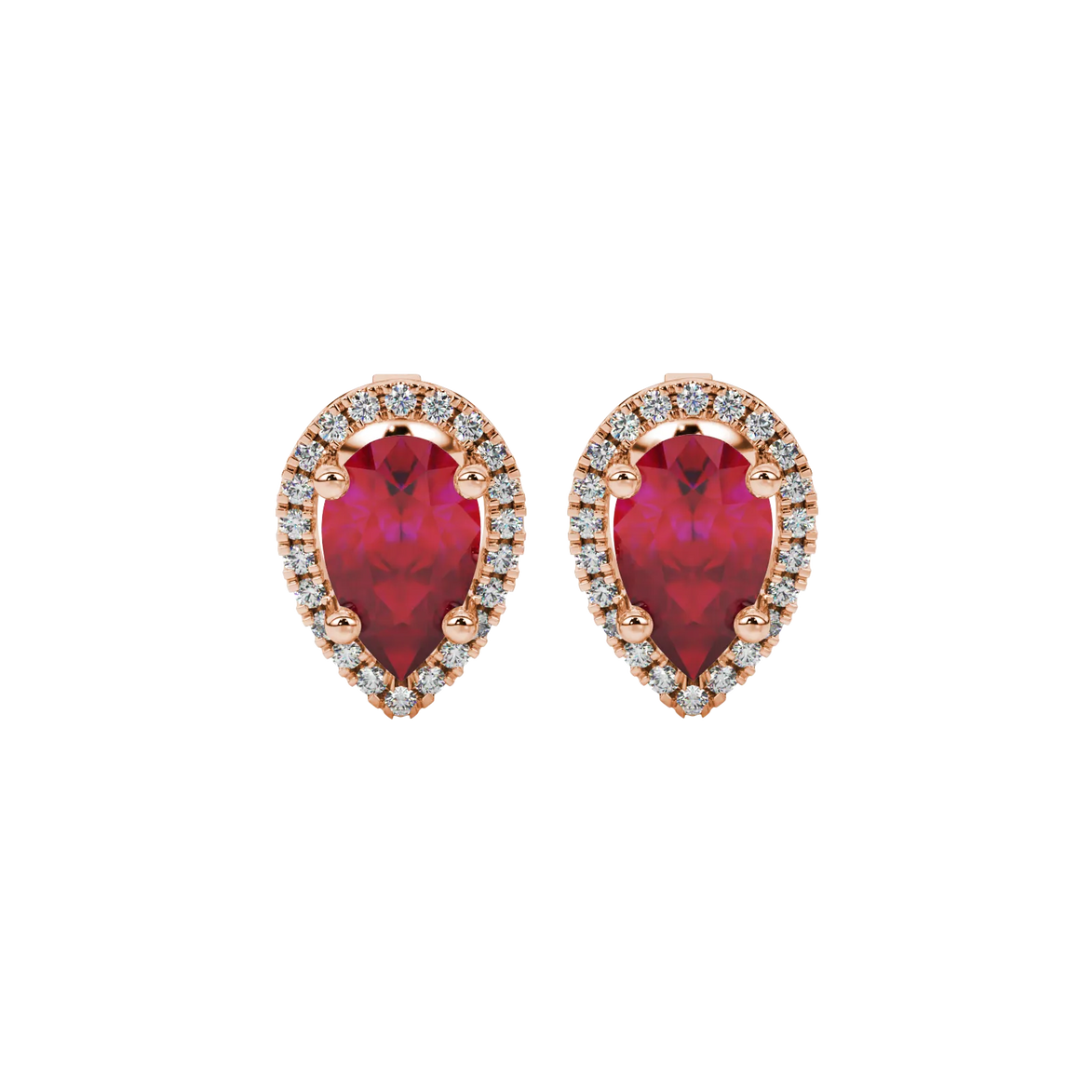 Pear shape raspberry red gemstone earrings, rose gold french pavé halo setting.