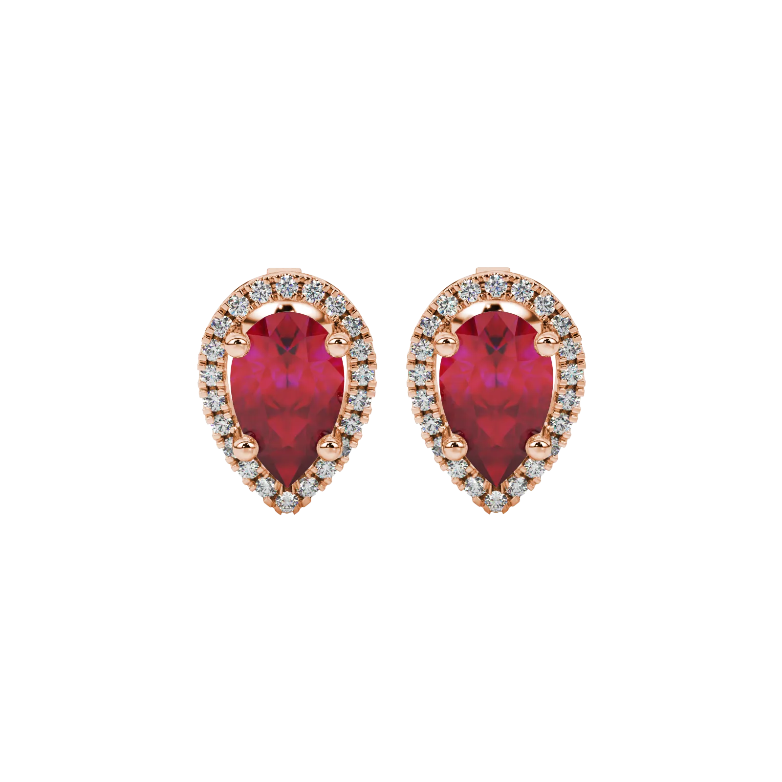 Pear shape raspberry red gemstone earrings, rose gold french pavé halo setting.