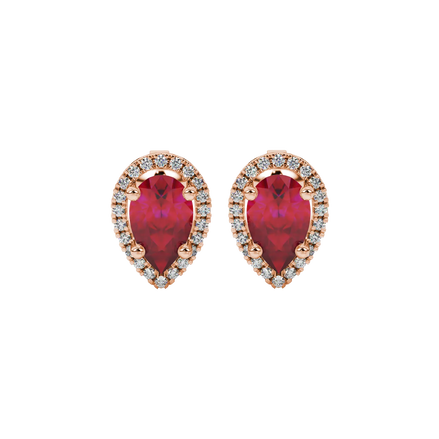 Pear shape raspberry red gemstone earrings, rose gold french pavé halo setting.