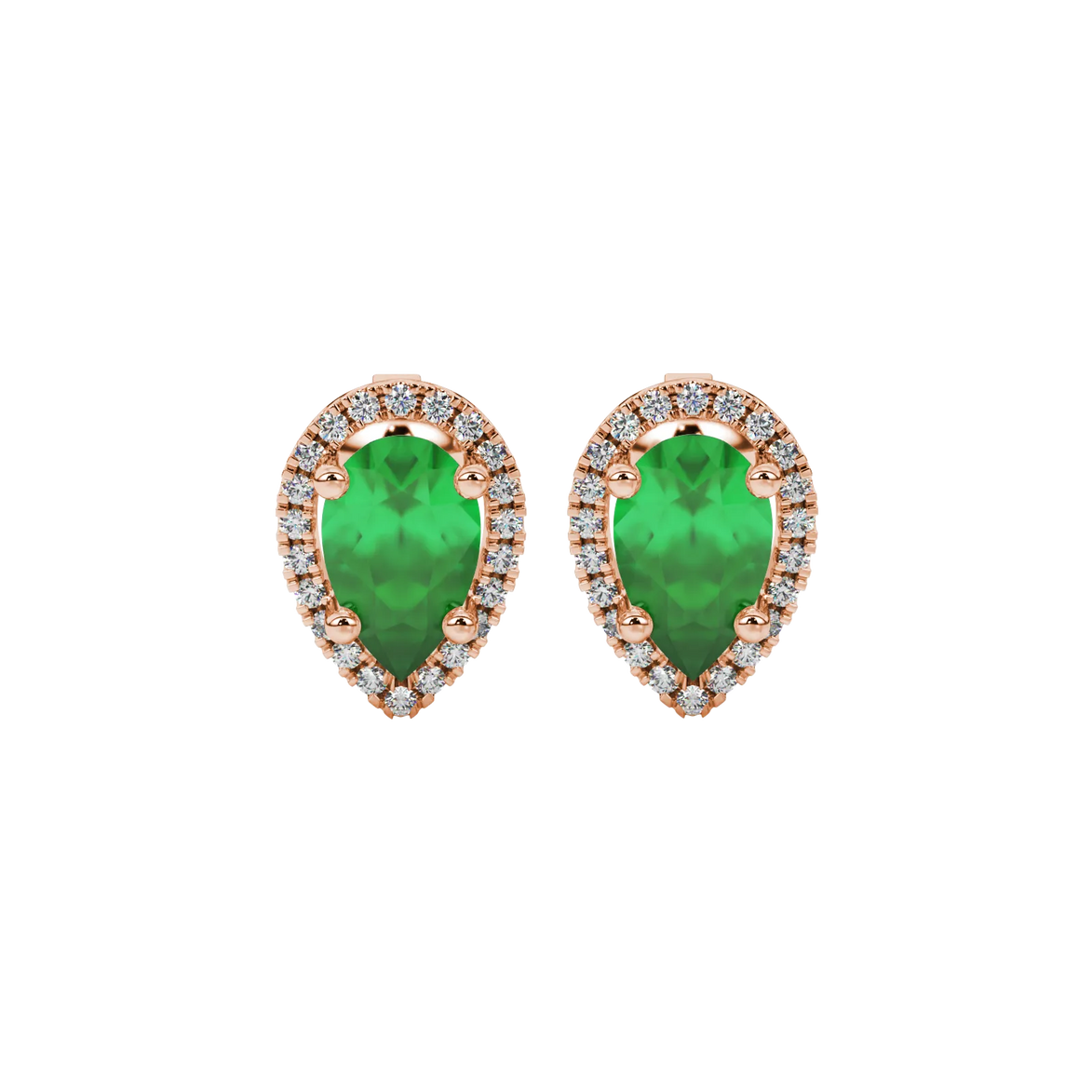 Pear shape emerald green gemstone earrings, rose gold french pavé halo setting.