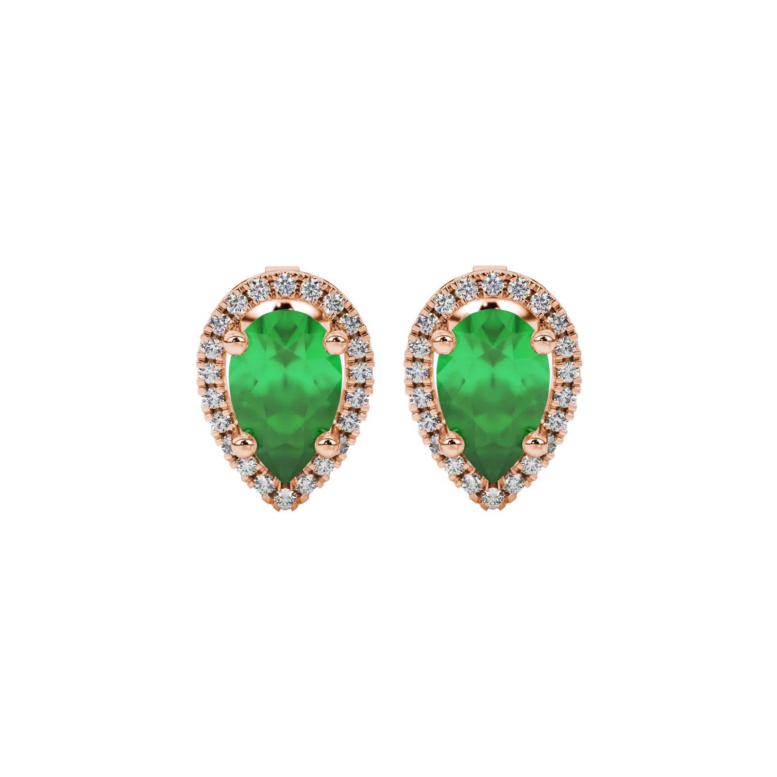Pear shape emerald green gemstone earrings, rose gold french pavé halo setting.