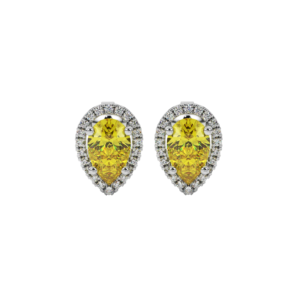 Pear shape canary yellow gemstone earrings, white gold french pavé halo setting.
