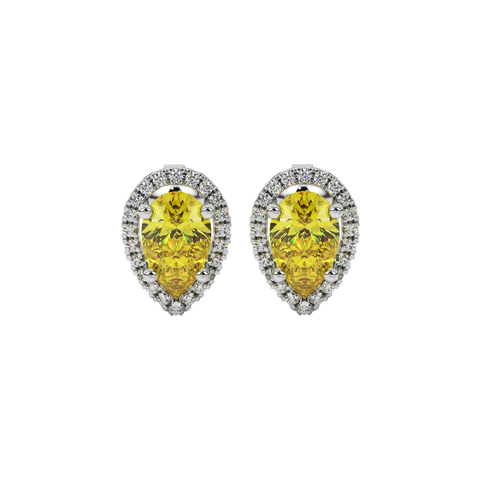 Pear shape canary yellow gemstone earrings, white gold french pavé halo setting.