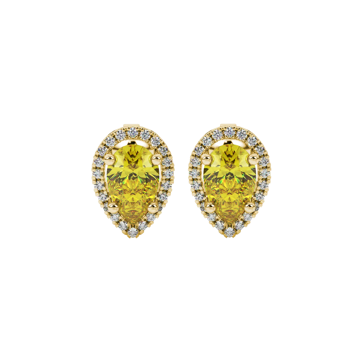 Pear shape canary yellow gemstone earrings, yellow gold french pavé halo setting.