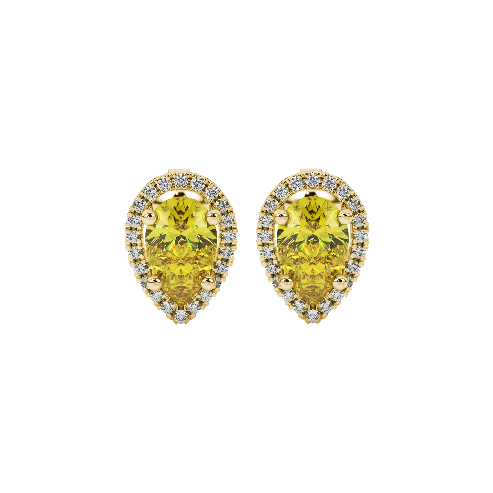 Pear shape canary yellow gemstone earrings, yellow gold french pavé halo setting.