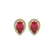Pear shape raspberry red gemstone earrings, yellow gold french pavé halo setting.