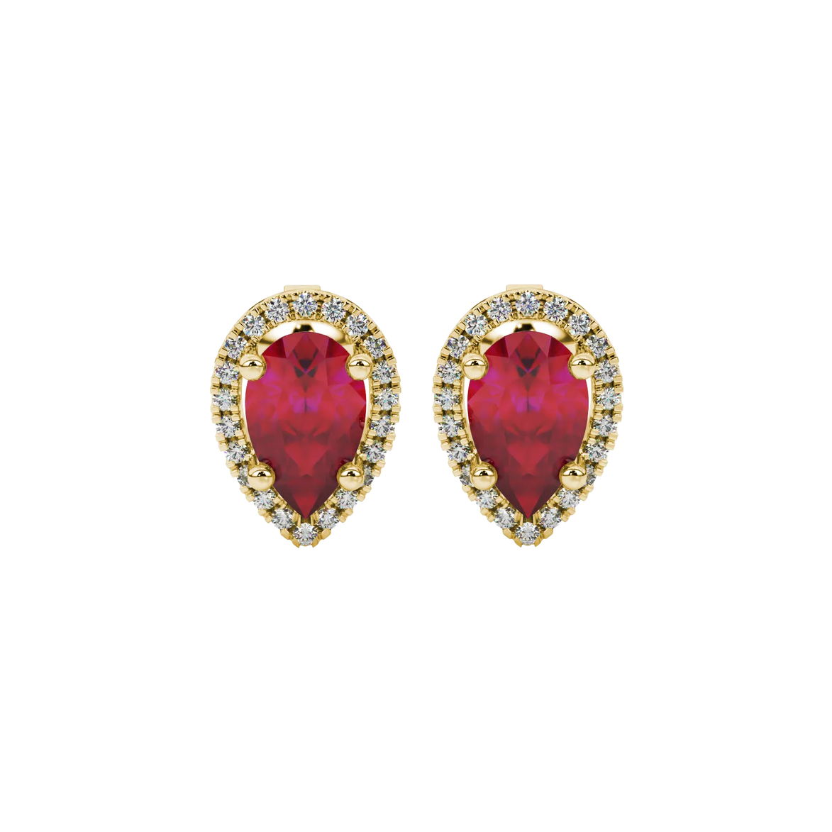 Pear shape raspberry red gemstone earrings, yellow gold french pavé halo setting.