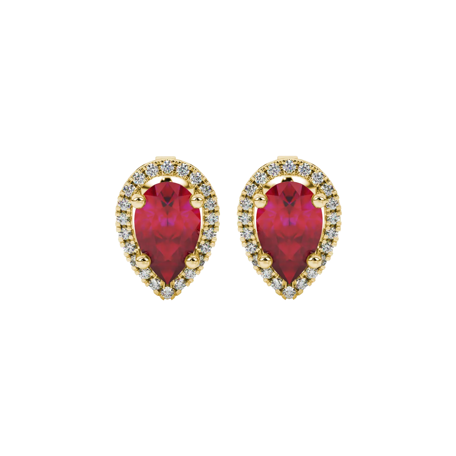 Pear shape raspberry red gemstone earrings, yellow gold french pavé halo setting.