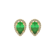 Pear shape emerald green gemstone earrings, yellow gold french pavé halo setting.