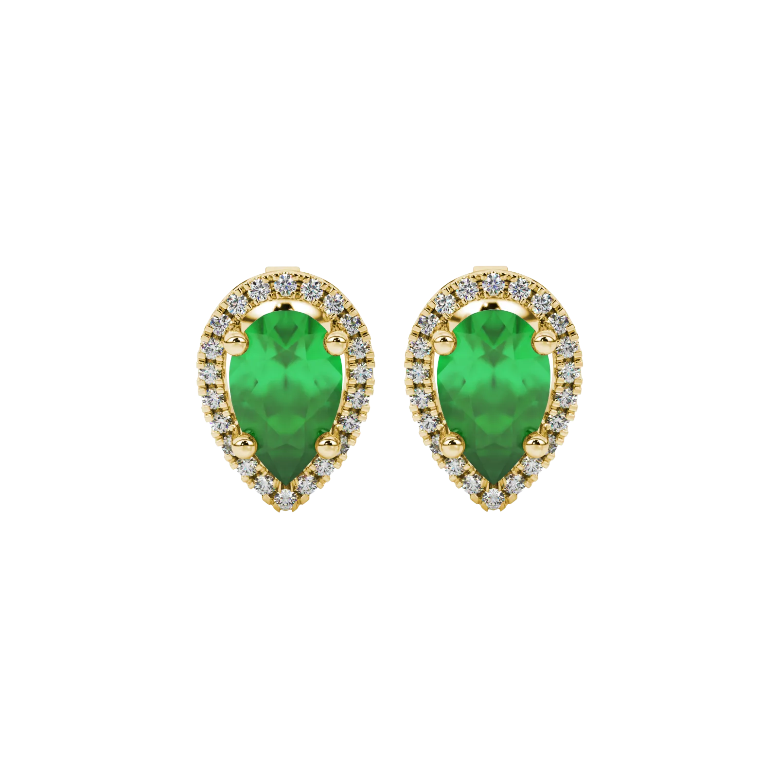 Pear shape emerald green gemstone earrings, yellow gold french pavé halo setting.