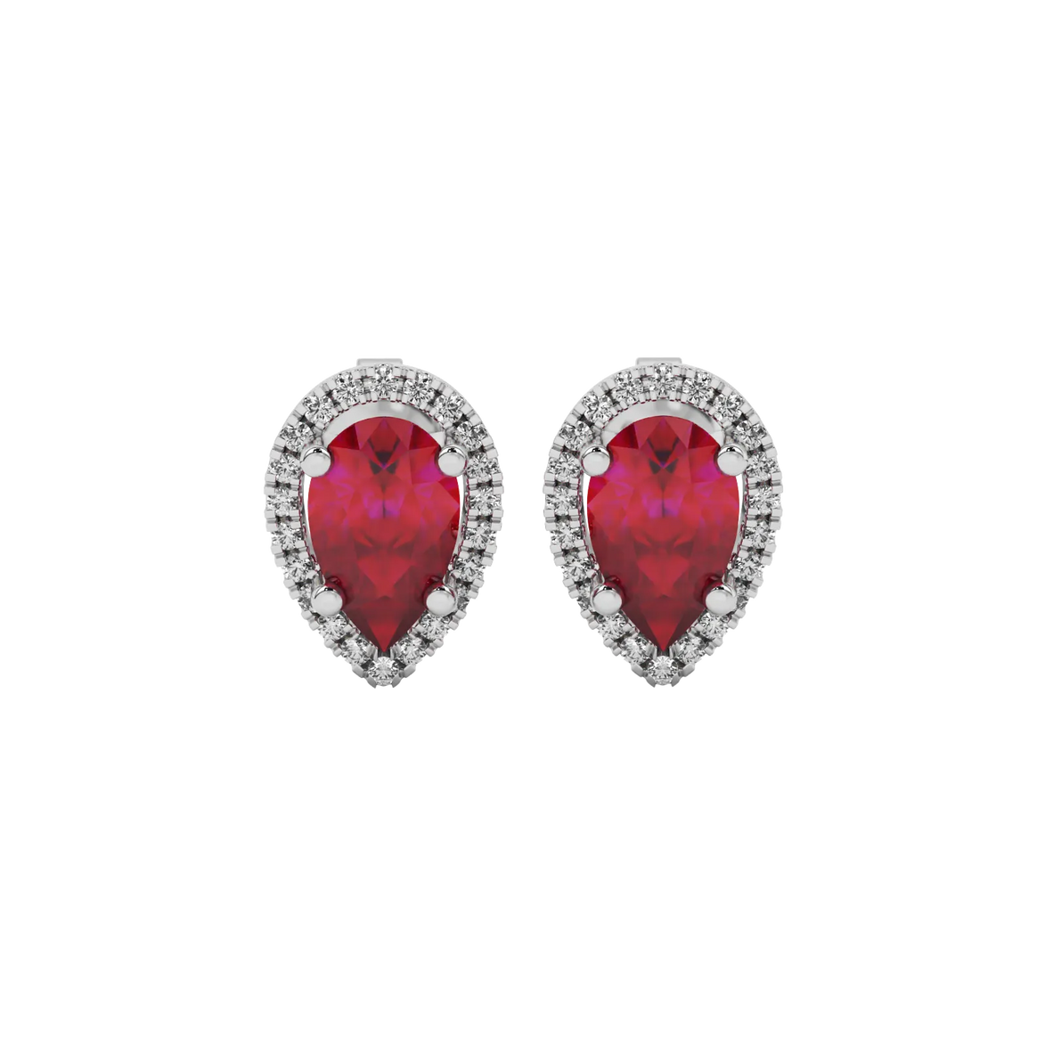 Pear shape raspberry red gemstone earrings, white gold french pavé halo setting