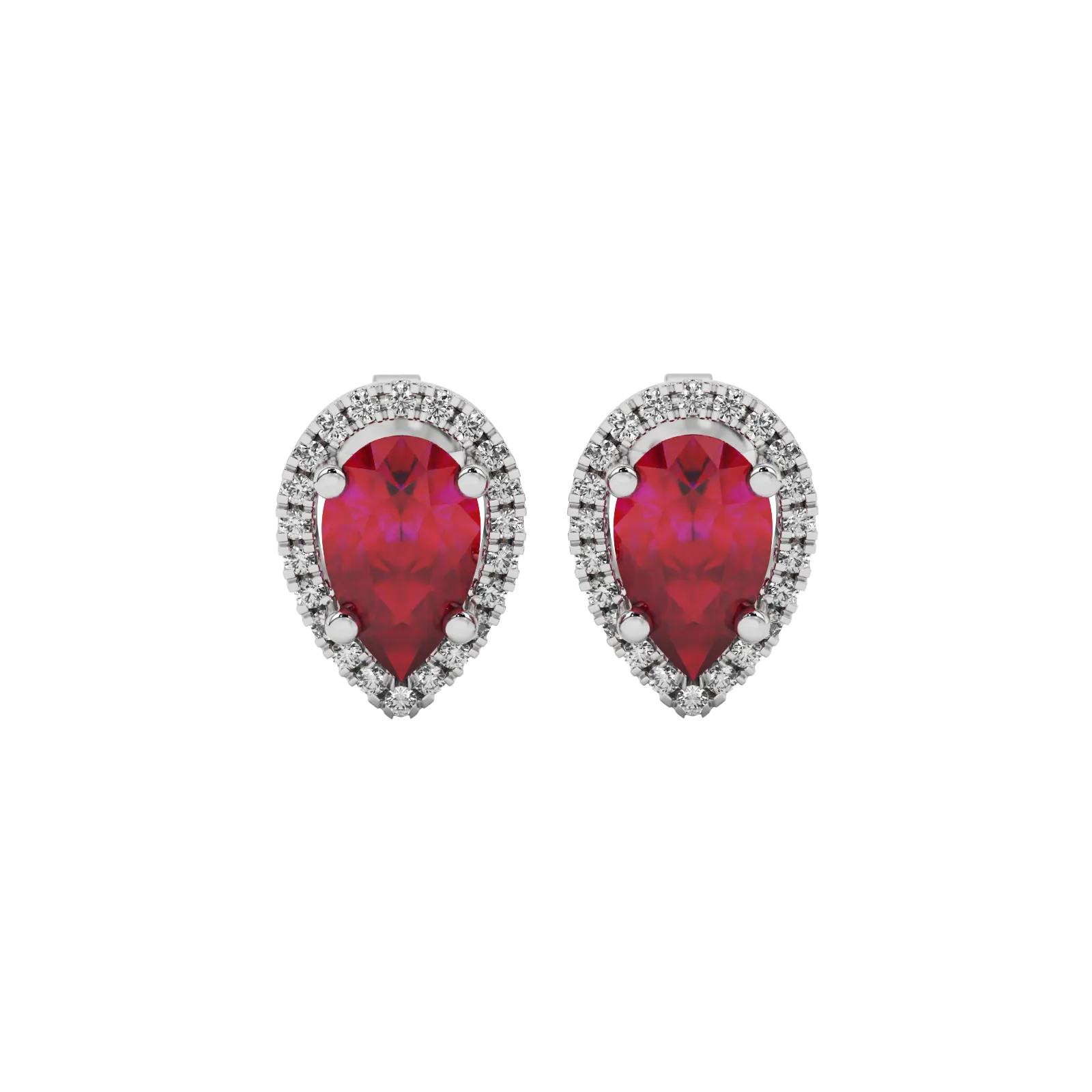 Pear shape raspberry red gemstone earrings, white gold french pavé halo setting