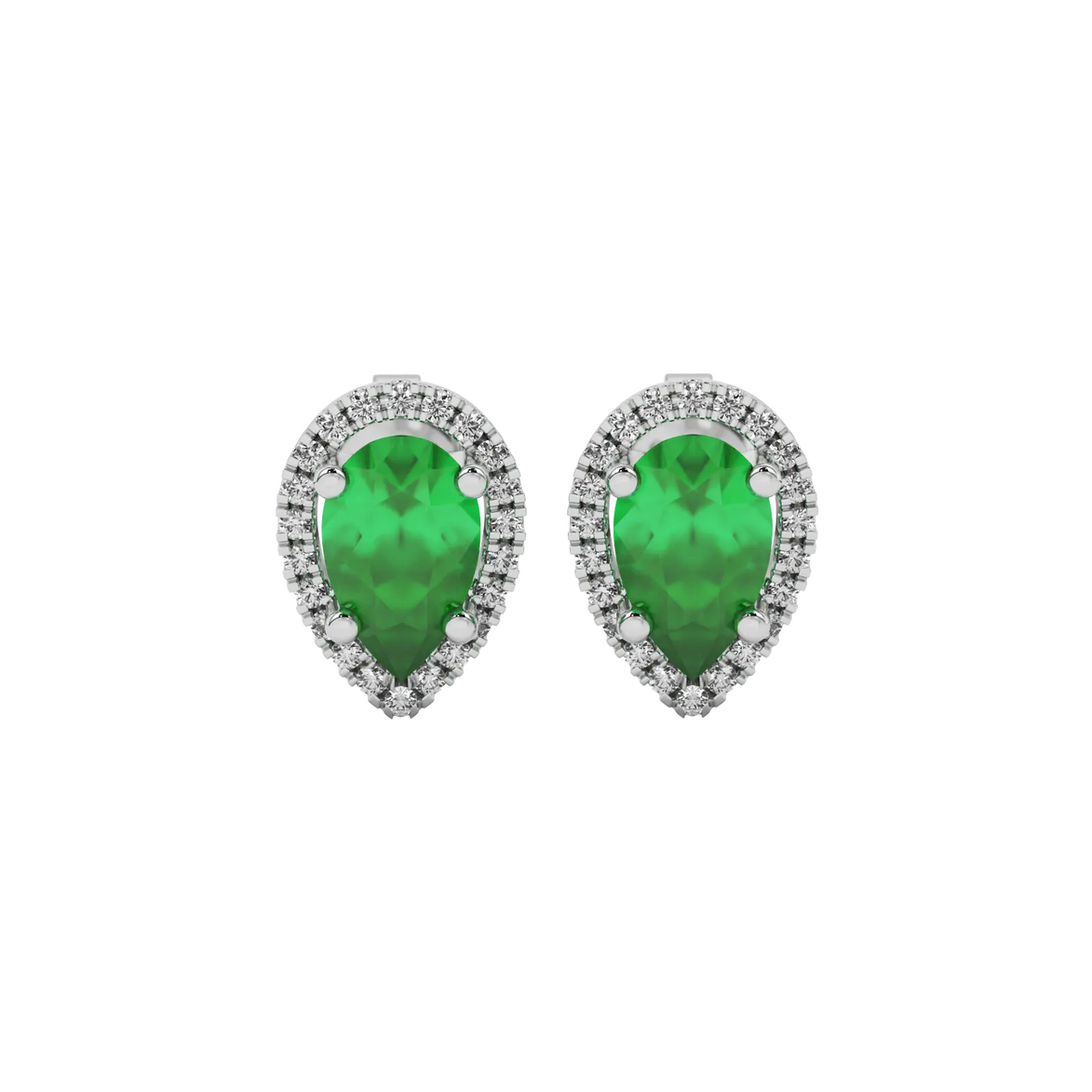 Pear shape emerald green gemstone earrings, white gold french pavé halo setting.