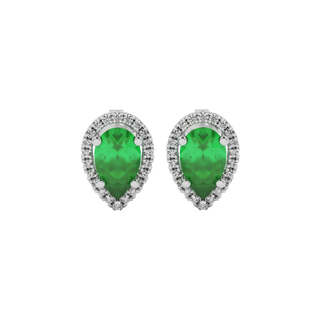 Pear shape emerald green gemstone earrings, white gold french pavé halo setting.