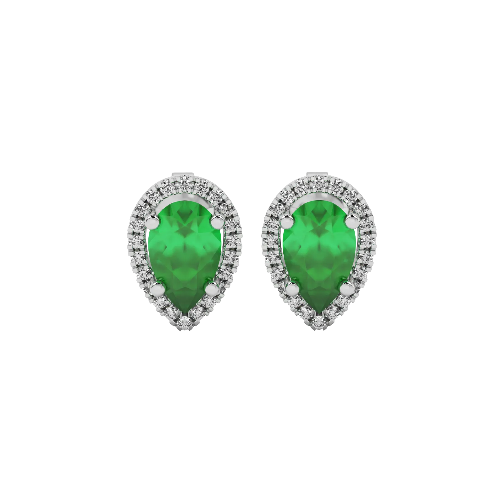 Pear shape emerald green gemstone earrings, white gold french pavé halo setting.