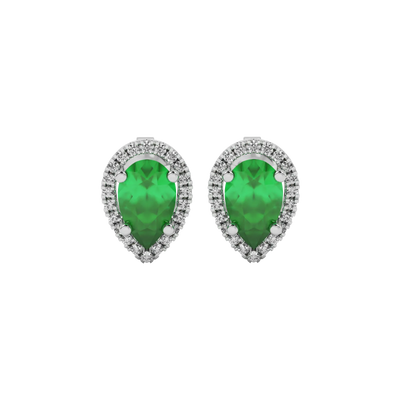Pear shape emerald green gemstone earrings, white gold french pavé halo setting.