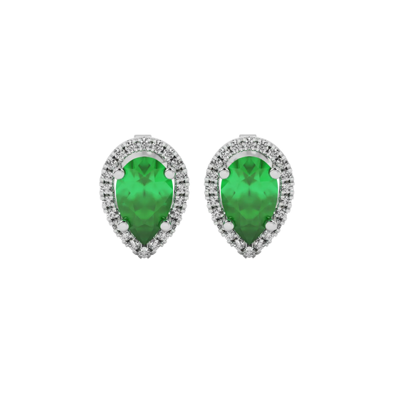 Pear shape emerald green gemstone earrings, white gold french pavé halo setting.