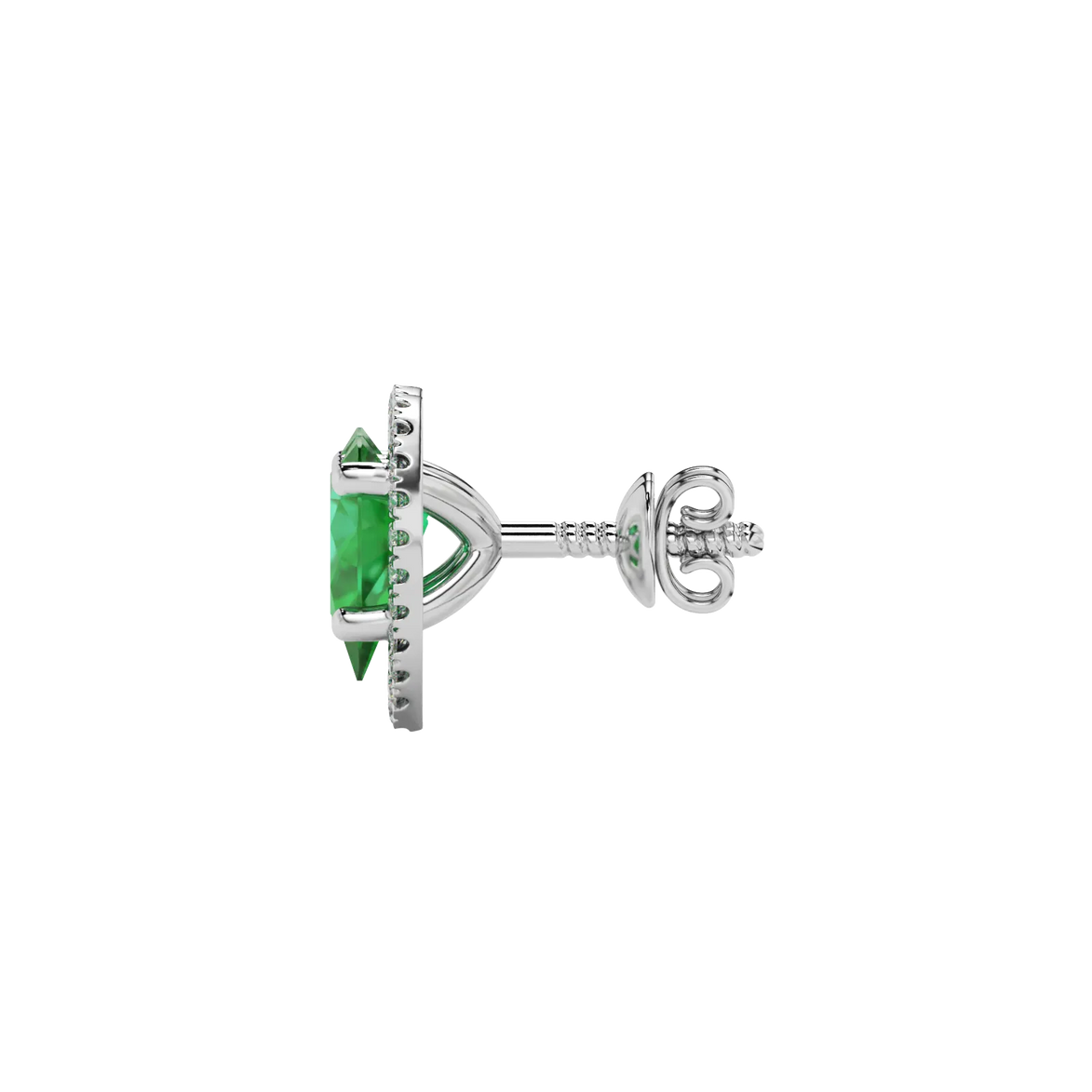 Side profile, white gold emerald green earrings, french pavé halo gallery.