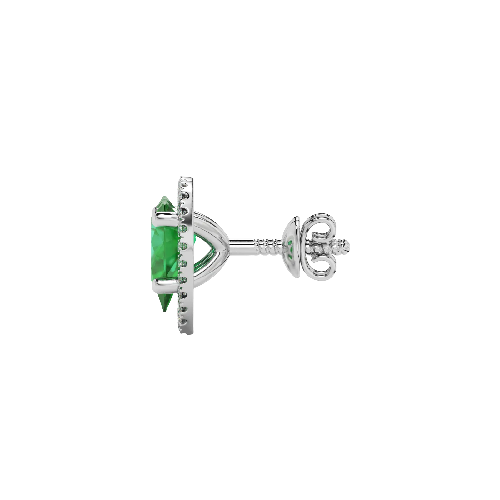 Side profile, white gold emerald green earrings, french pavé halo gallery.