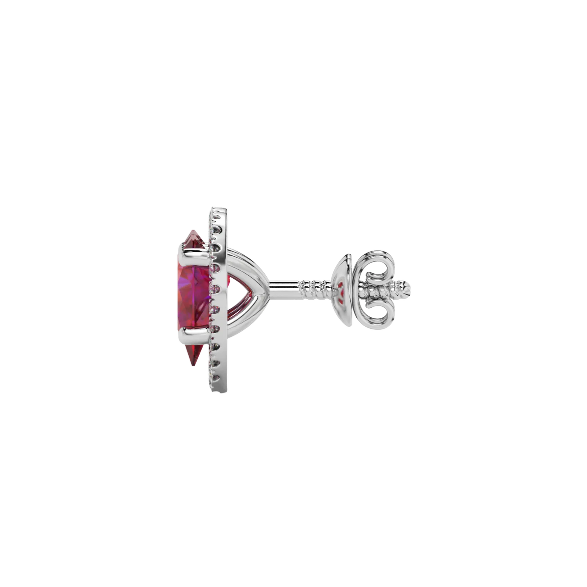 Side profile, white gold raspberry red earrings, french pavé halo gallery.