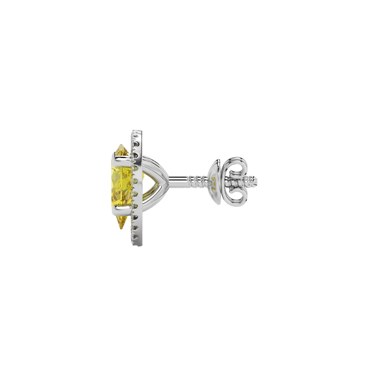 Side profile, white gold canary yellow earrings, french pavé halo gallery.