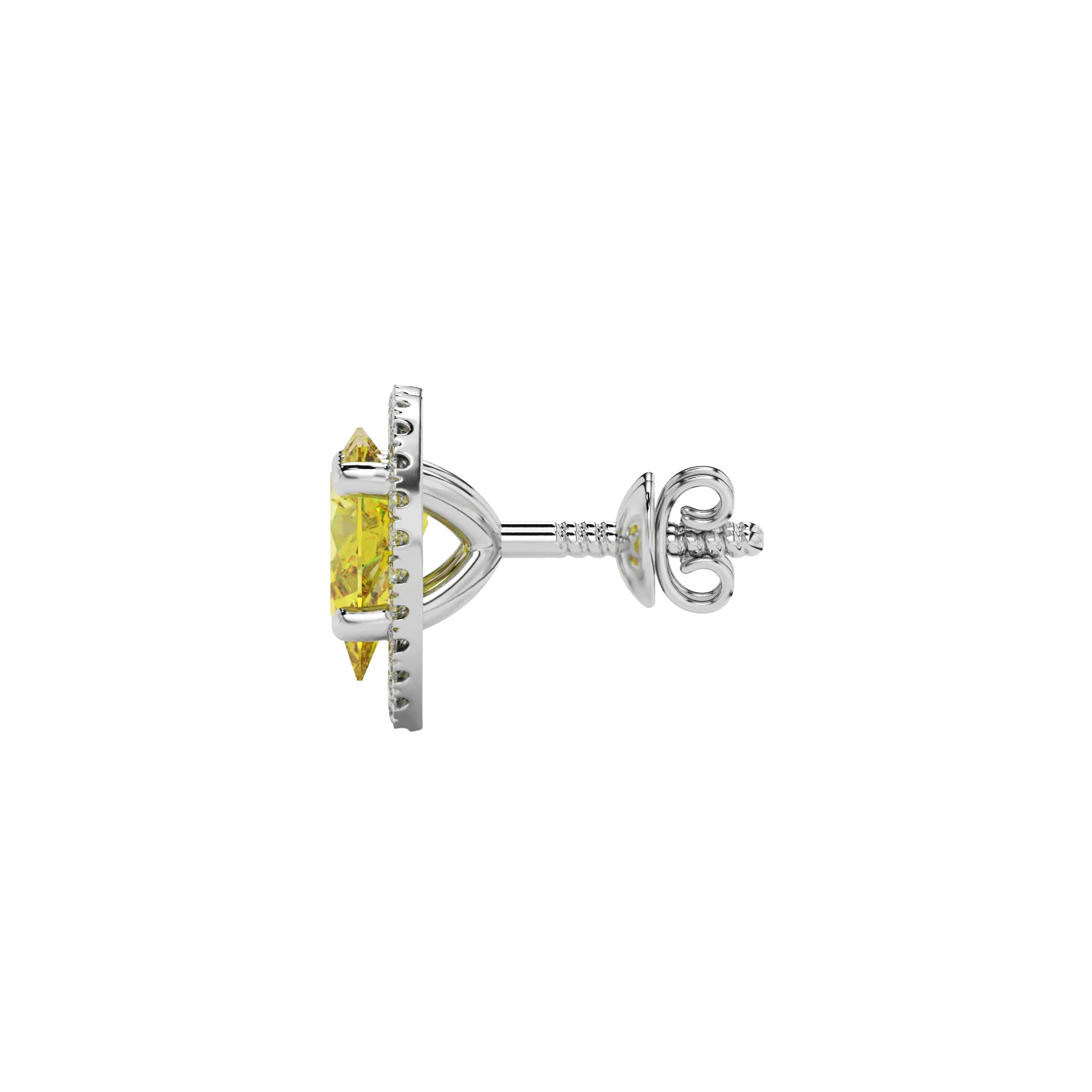 Side profile, white gold canary yellow earrings, french pavé halo gallery.