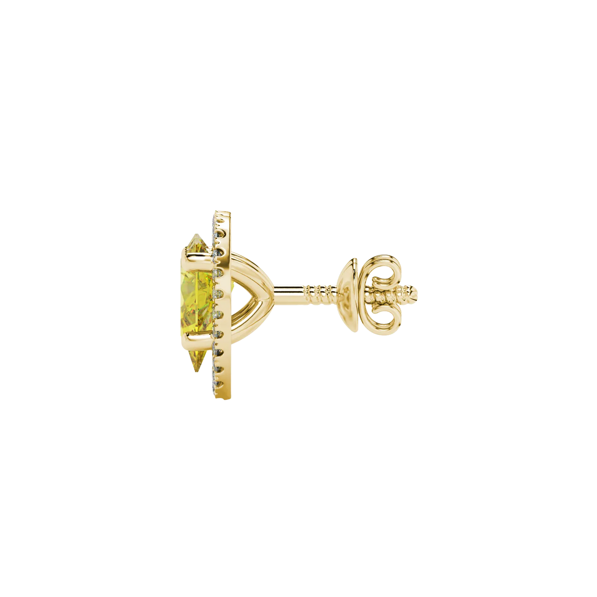 Side profile, yellow gold canary yellow earrings, french pavé halo gallery.