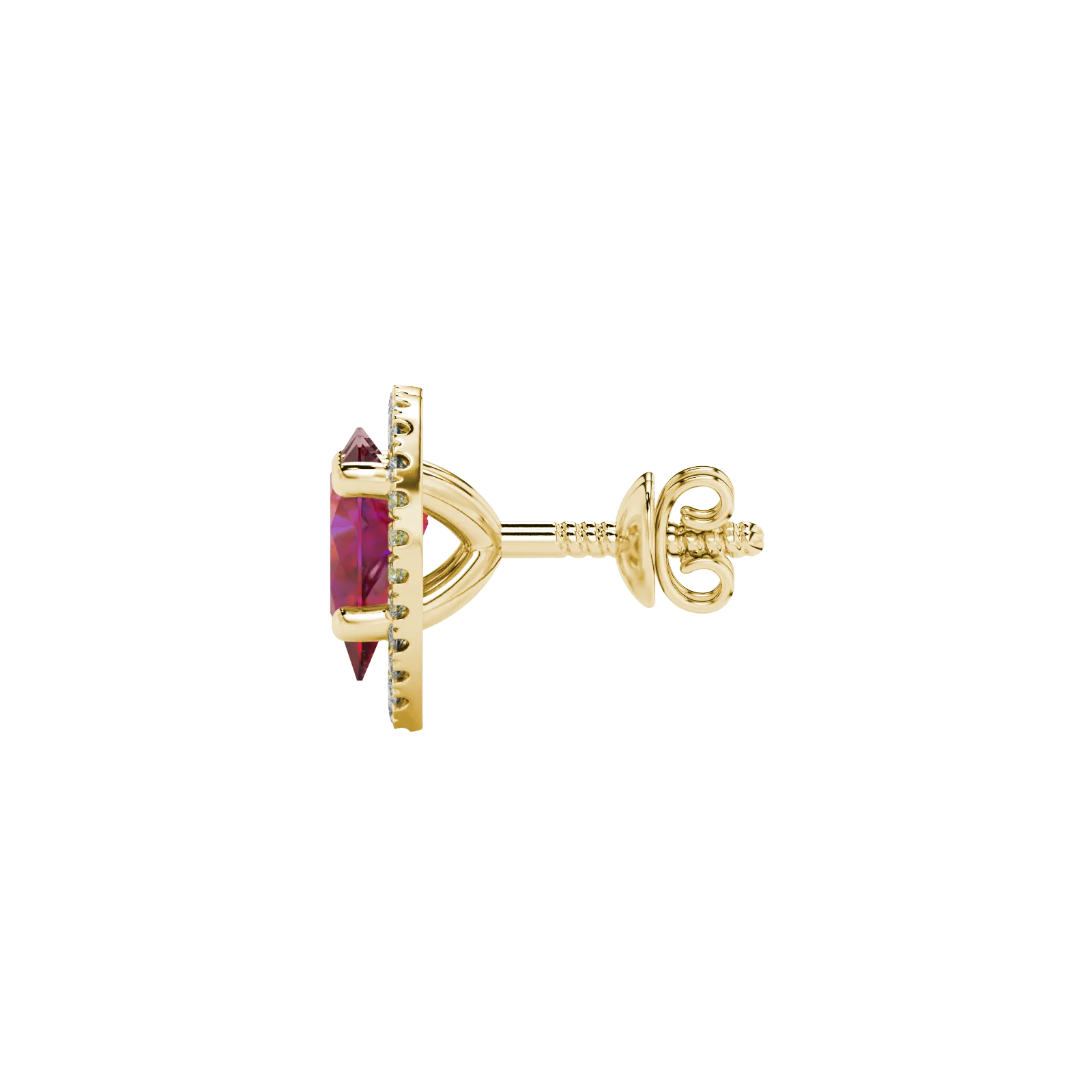 Side profile, yellow gold raspberry red earrings, french pavé halo gallery.