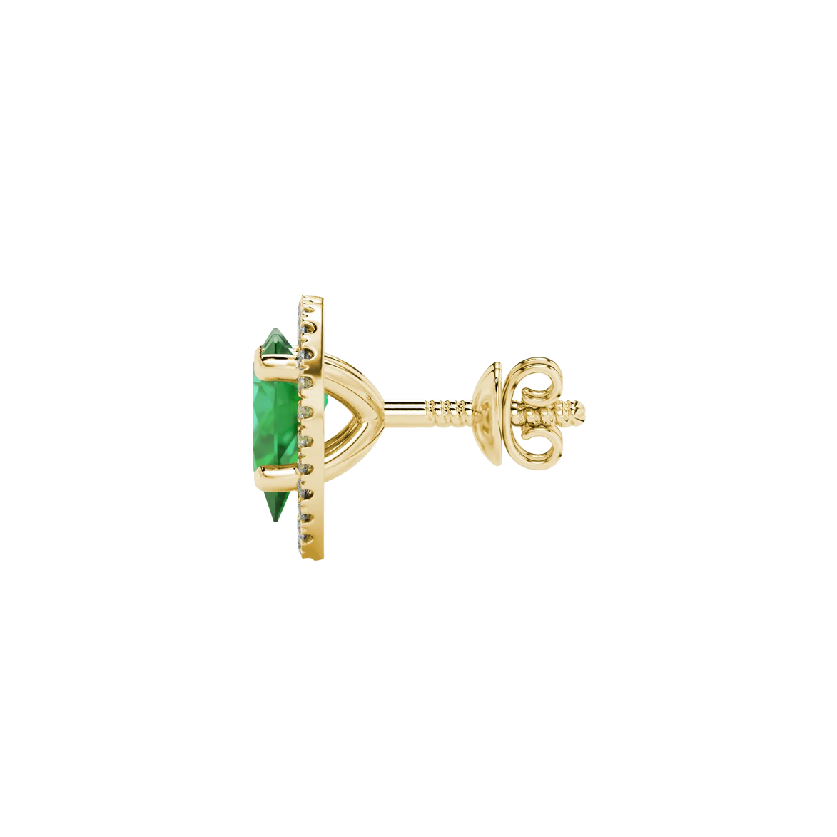 Side profile, yellow gold emerald green earrings, french pavé halo gallery.