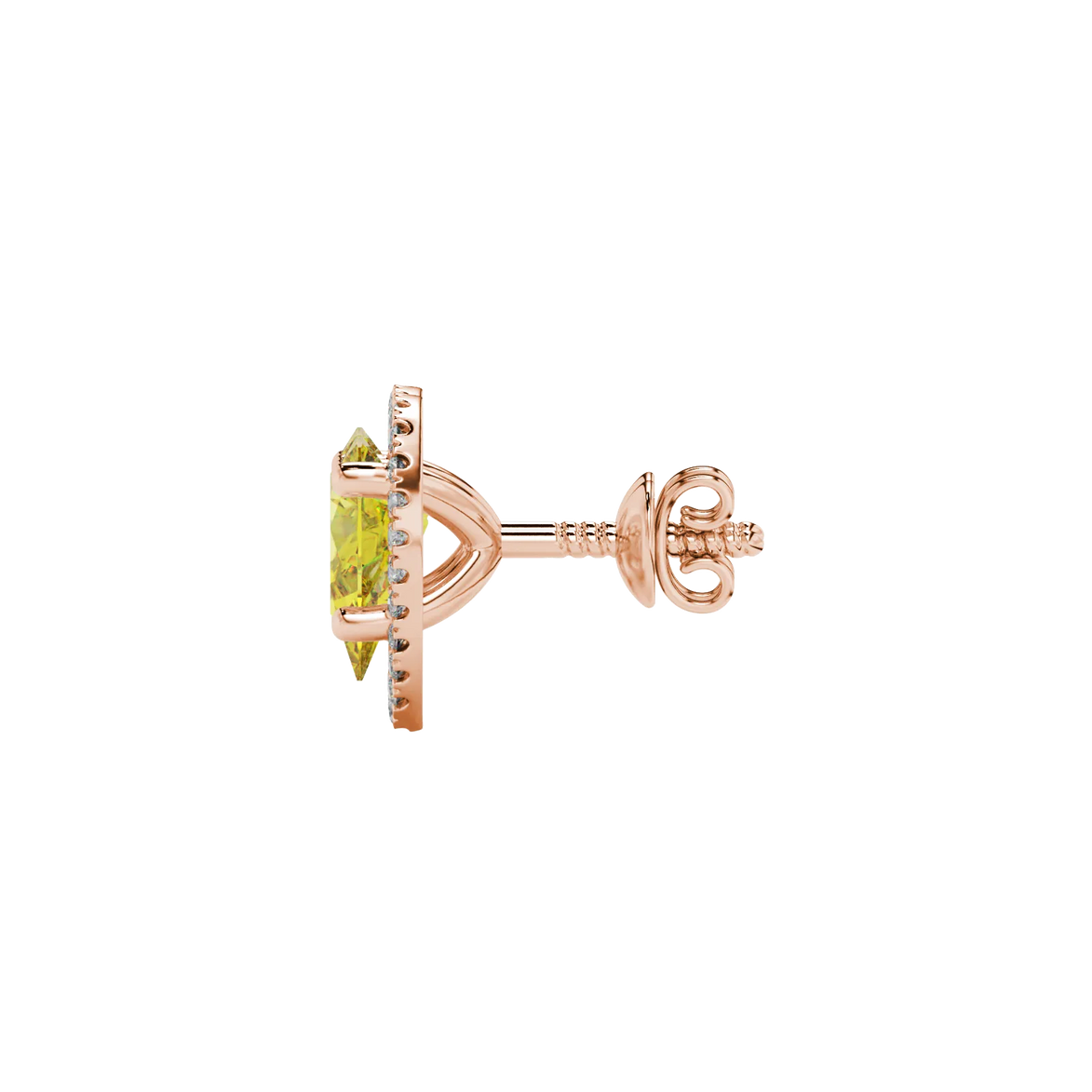 Side profile, rose gold canary yellow earrings, french pavé halo gallery.