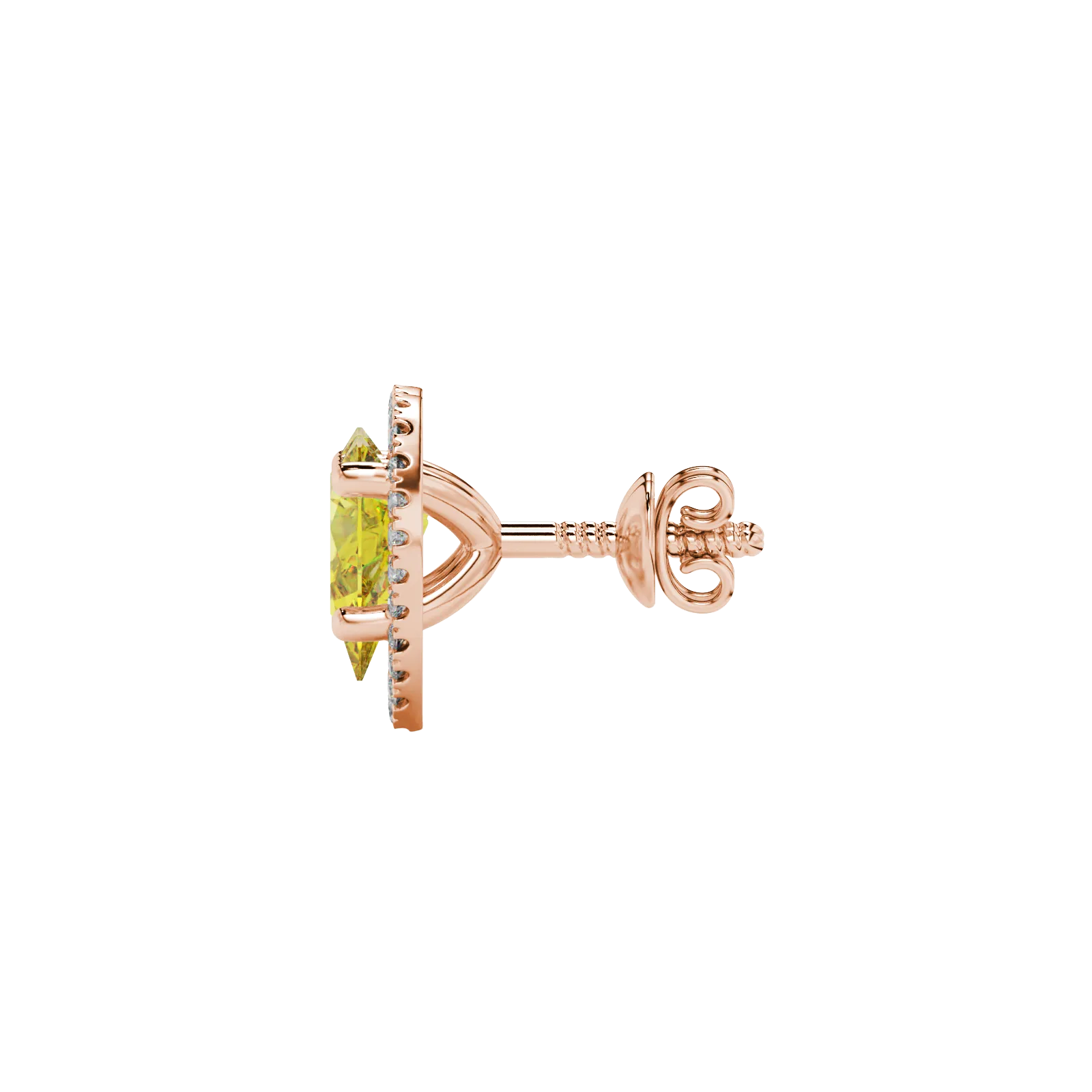 Side profile, rose gold canary yellow earrings, french pavé halo gallery.