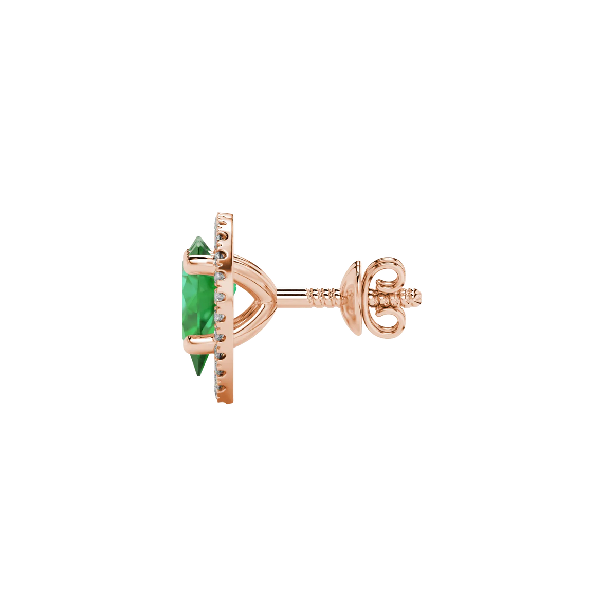 Side profile, rose gold emerald green earrings, french pavé halo gallery.