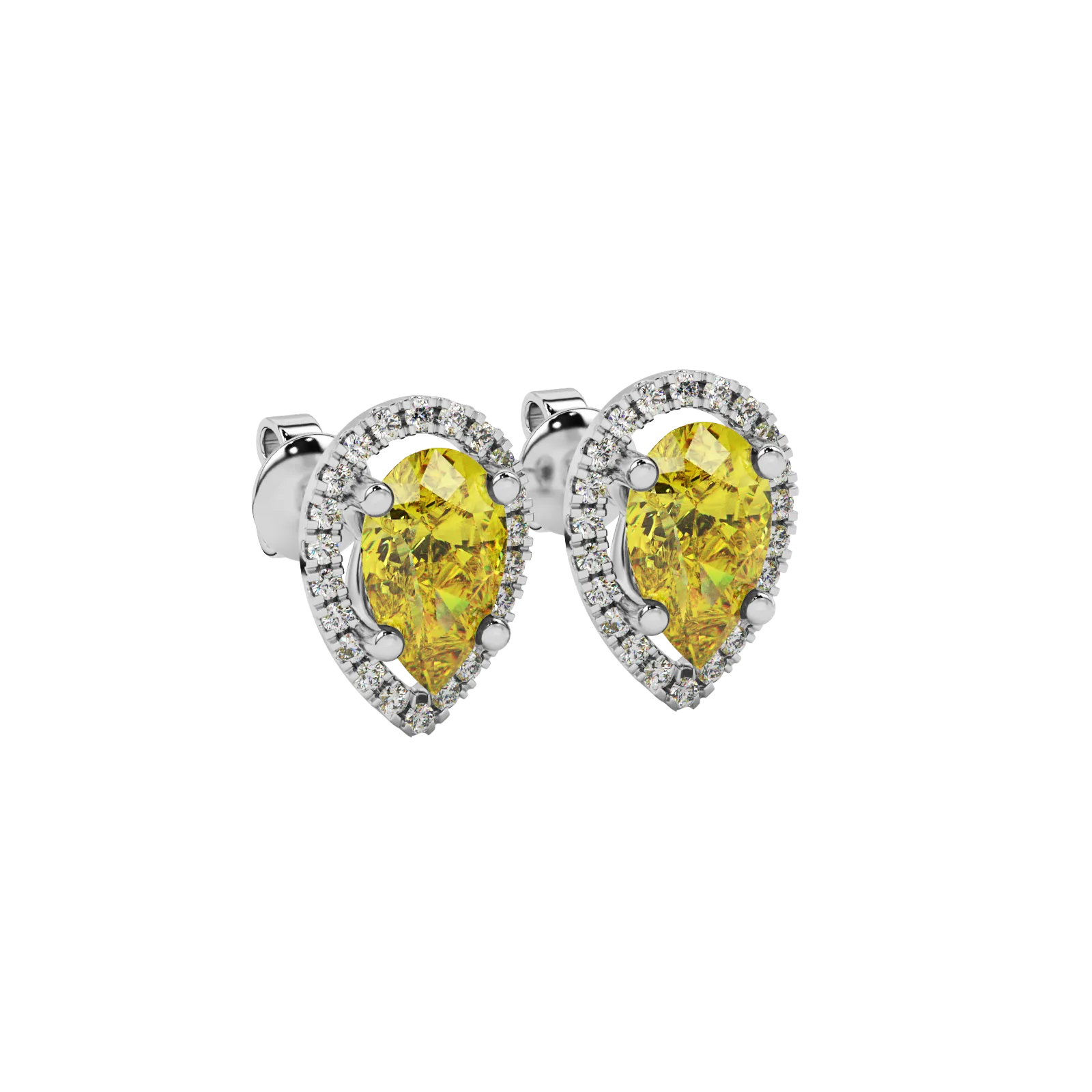 Close-up canary yellow gemstone earing, white gold french pavé halo.