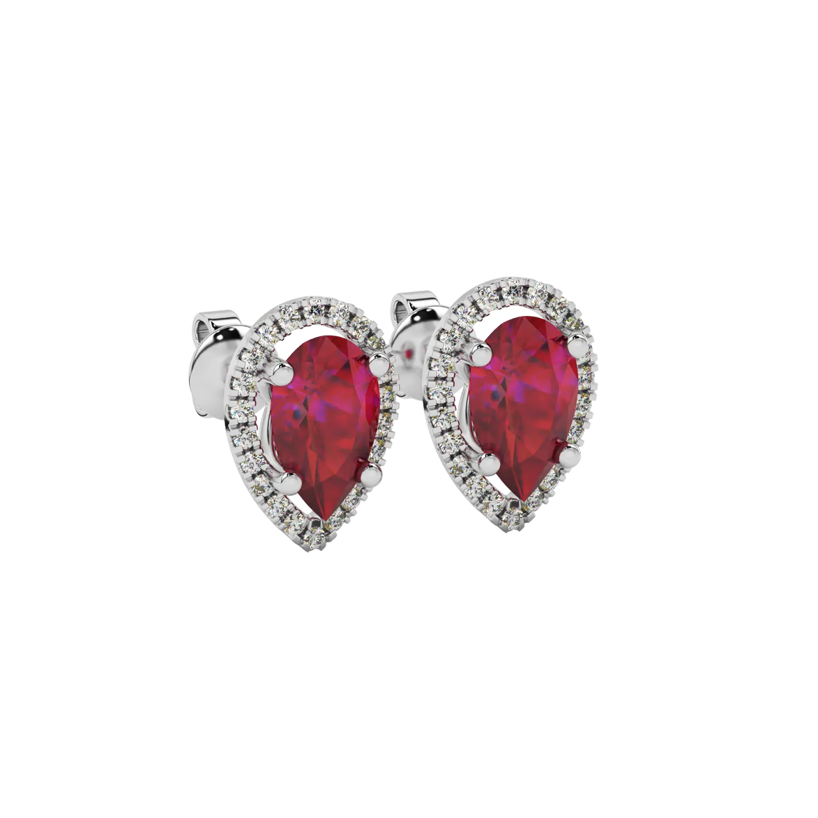 Close-up raspberry red gemstone earing, white gold french pavé halo.