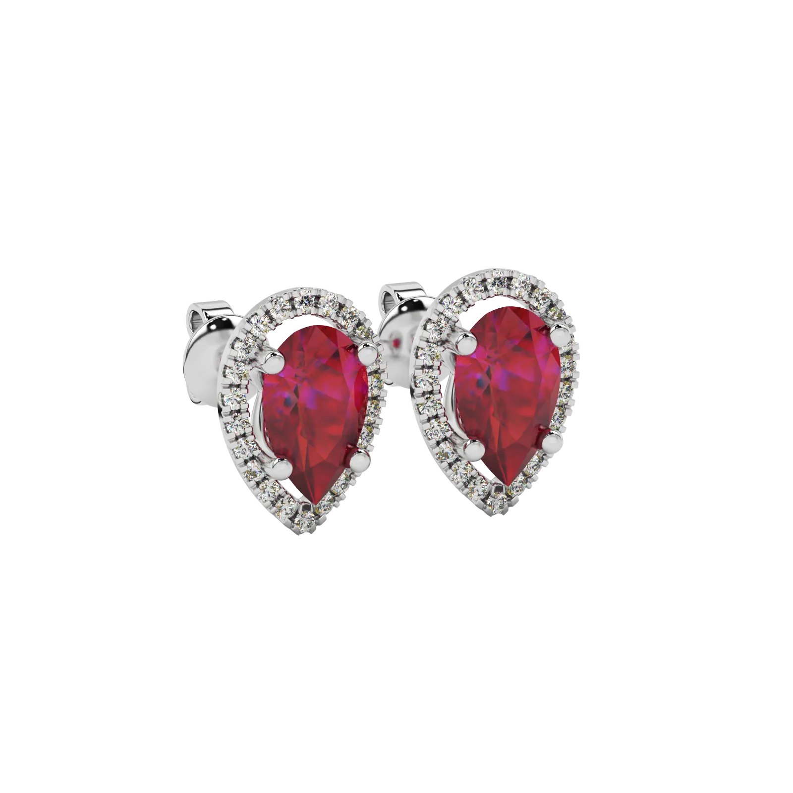 Close-up raspberry red gemstone earing, white gold french pavé halo.