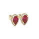 Close-up, pear shape raspberry red gemstone, yellow gold french pavé halo earrings.