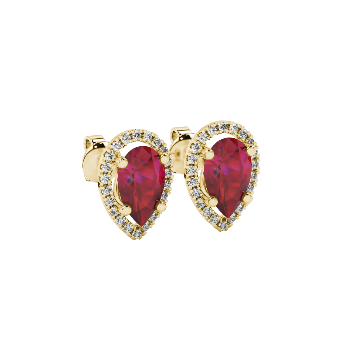 Close-up, pear shape raspberry red gemstone, yellow gold french pavé halo earrings.