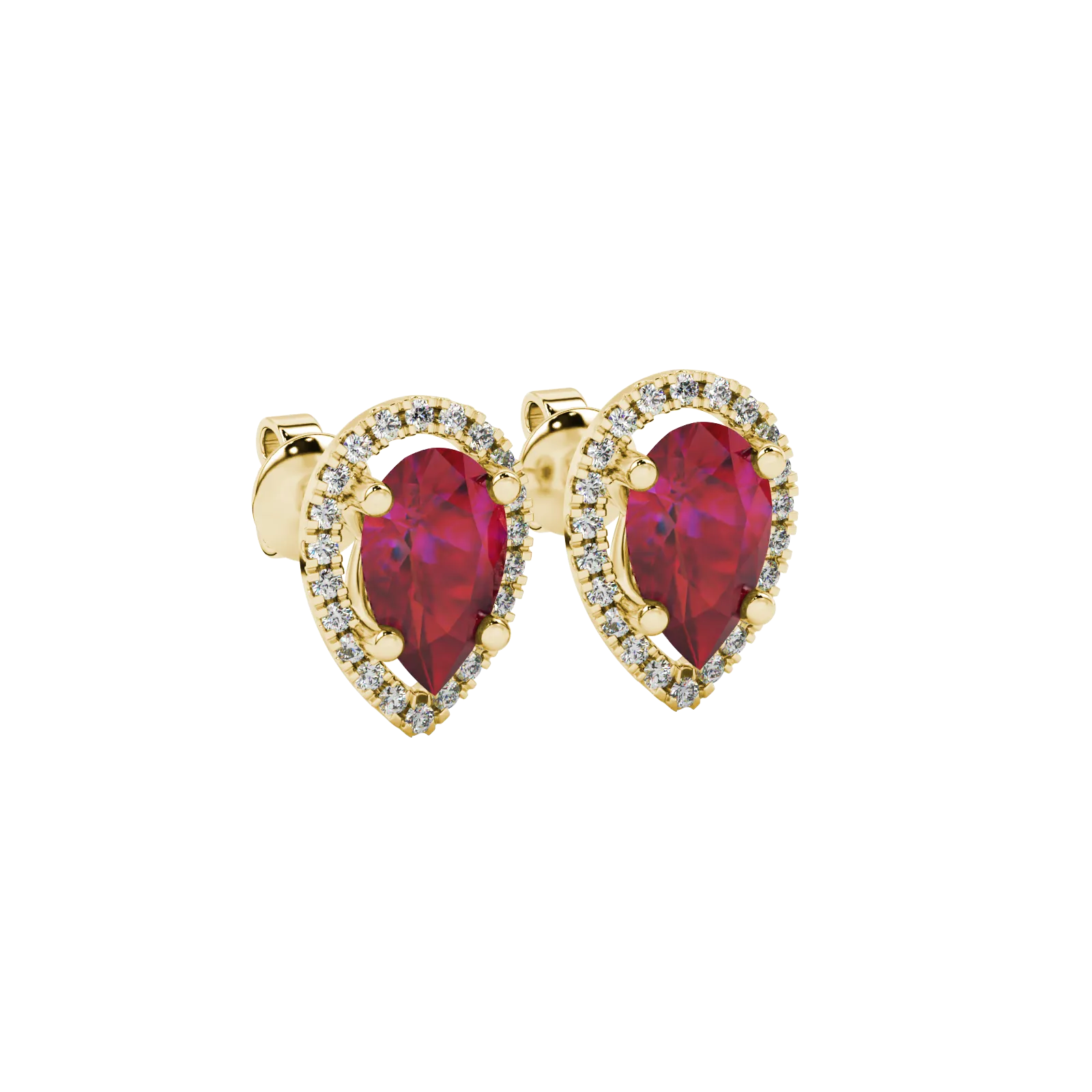 Close-up, pear shape raspberry red gemstone, yellow gold french pavé halo earrings.