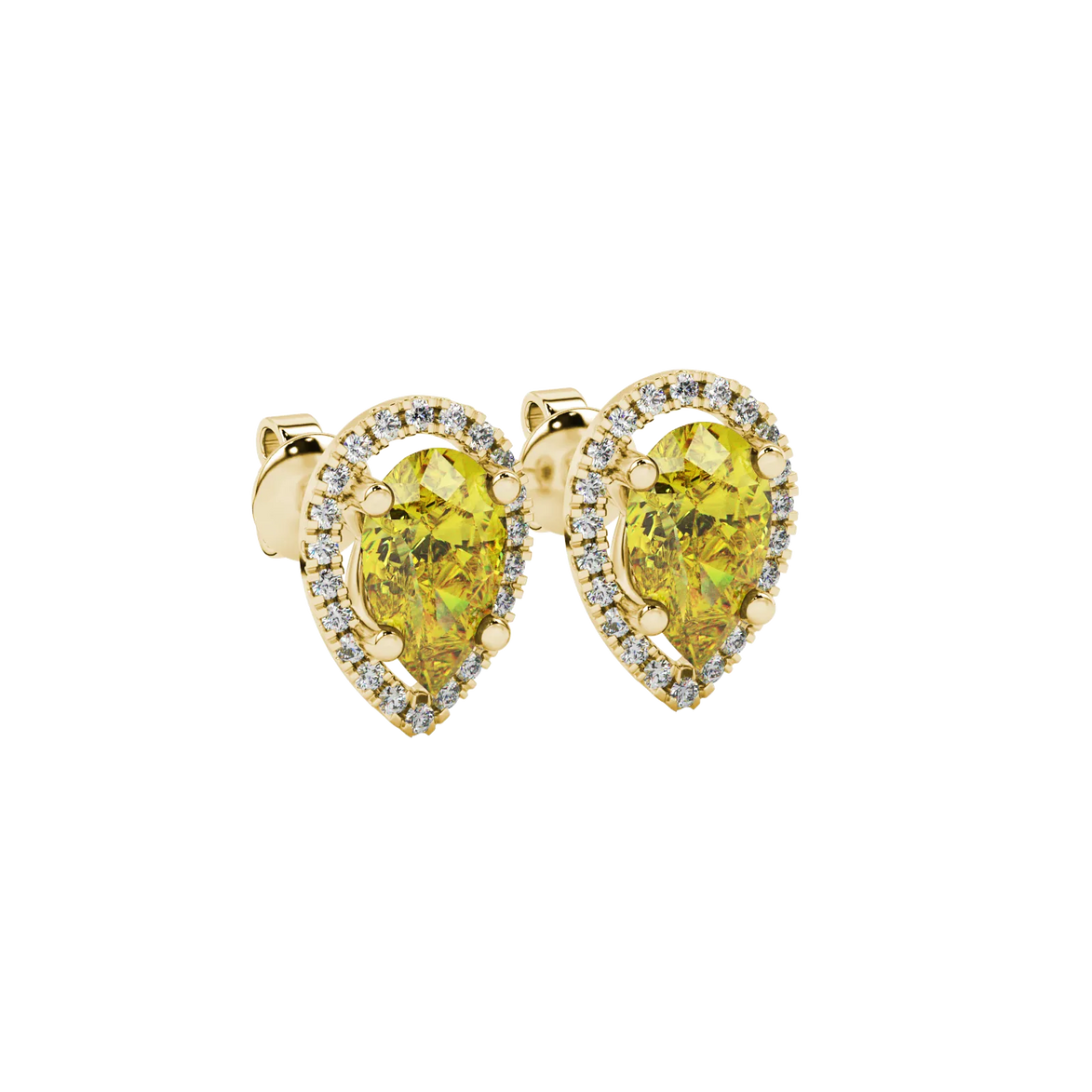 Close-up, pear shape canary yellow gemstone, yellow gold french pavé halo earrings.
