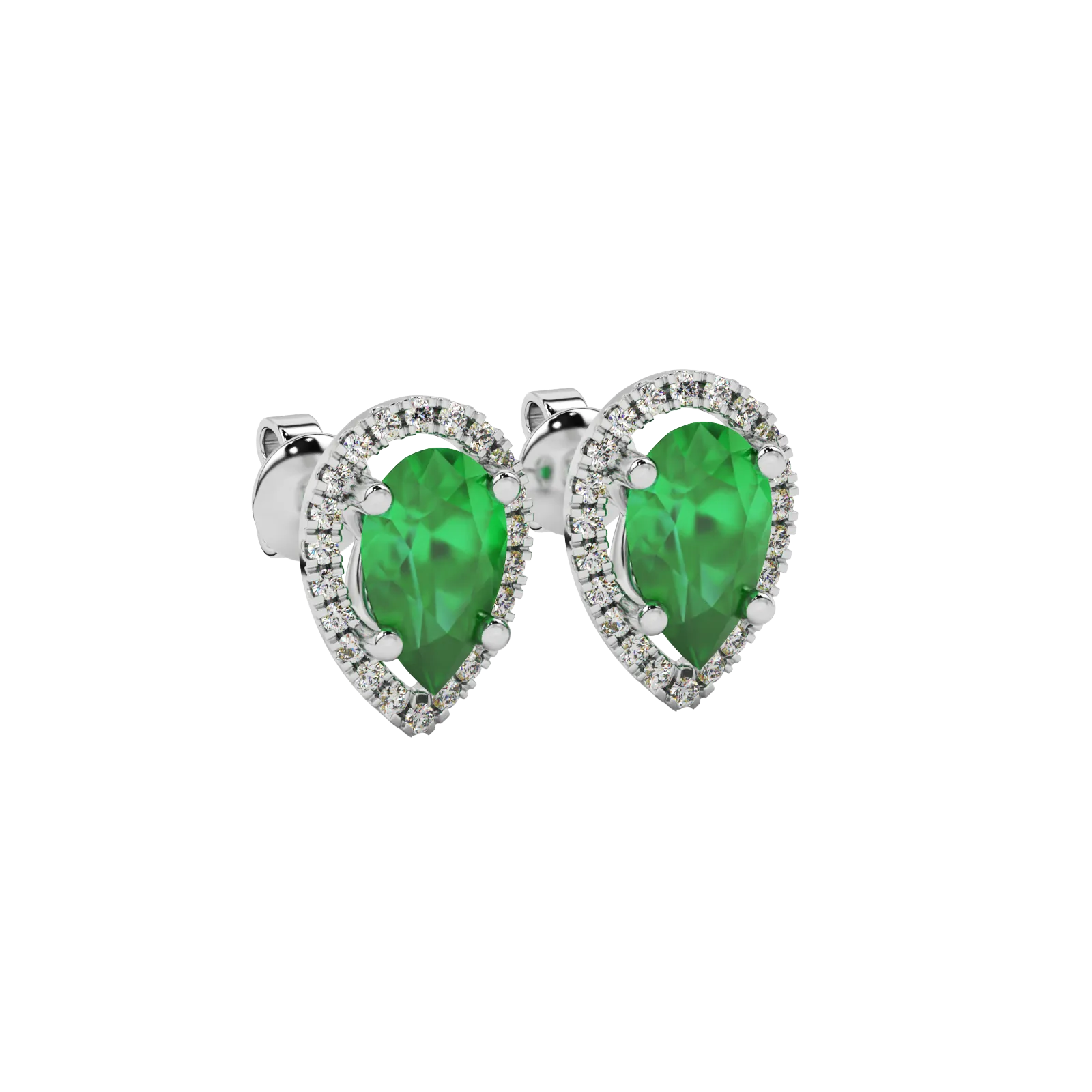 Close-up emerald green gemstone earing, white gold french pavé halo
