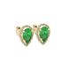 Close-up, pear shape emerald green gemstone, yellow gold french pavé halo earrings.