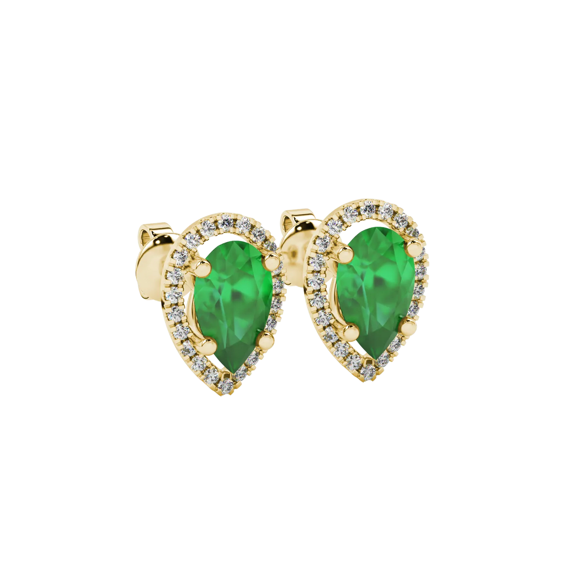 Close-up, pear shape emerald green gemstone, yellow gold french pavé halo earrings.