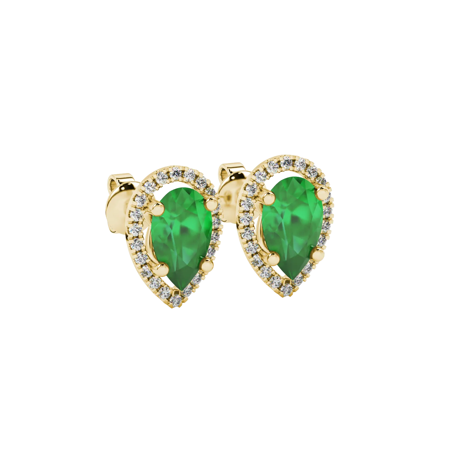 Close-up, pear shape emerald green gemstone, yellow gold french pavé halo earrings.