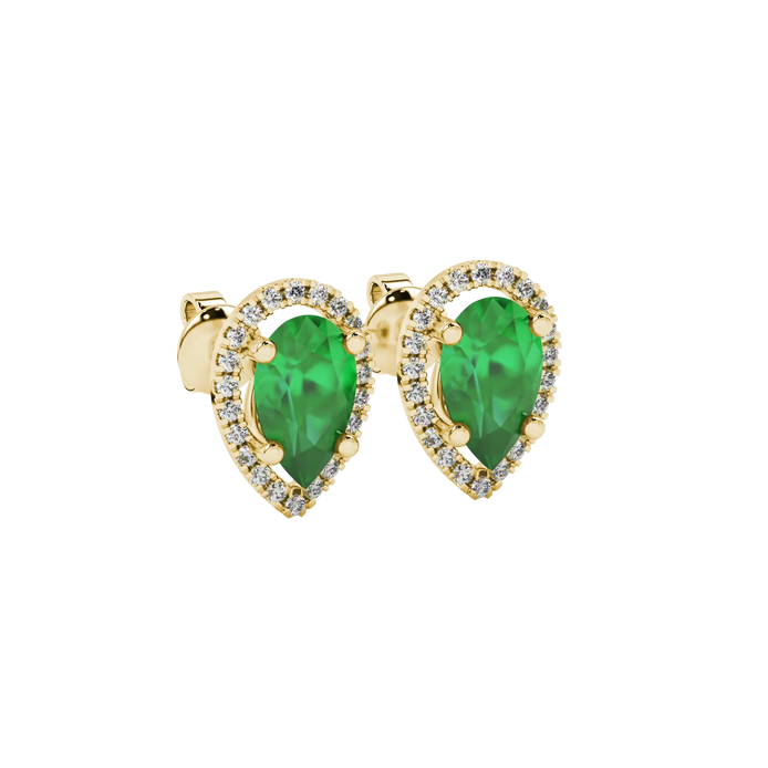 Close-up, pear shape emerald green gemstone, yellow gold french pavé halo earrings.