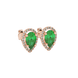Close-up, pear shape emerald green gemstone earrings, rose gold french pavé halo.