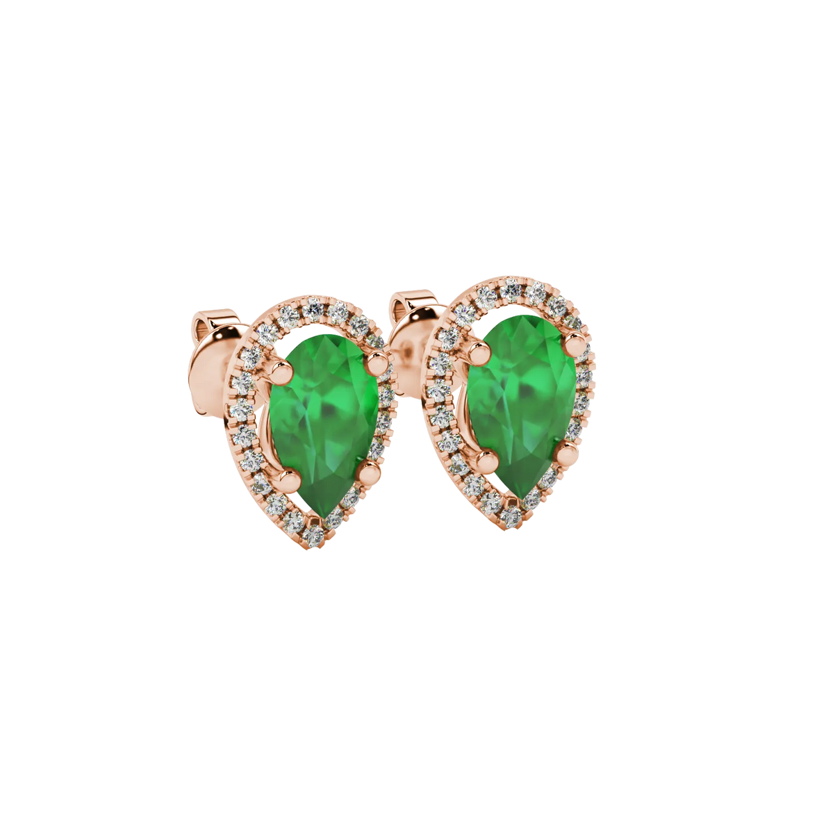 Close-up, pear shape emerald green gemstone earrings, rose gold french pavé halo.