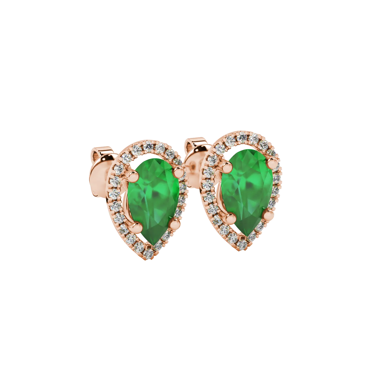 Close-up, pear shape emerald green gemstone earrings, rose gold french pavé halo.