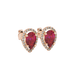 Close-up, pear shape raspberry red gemstone earrings, rose gold french pavé halo.