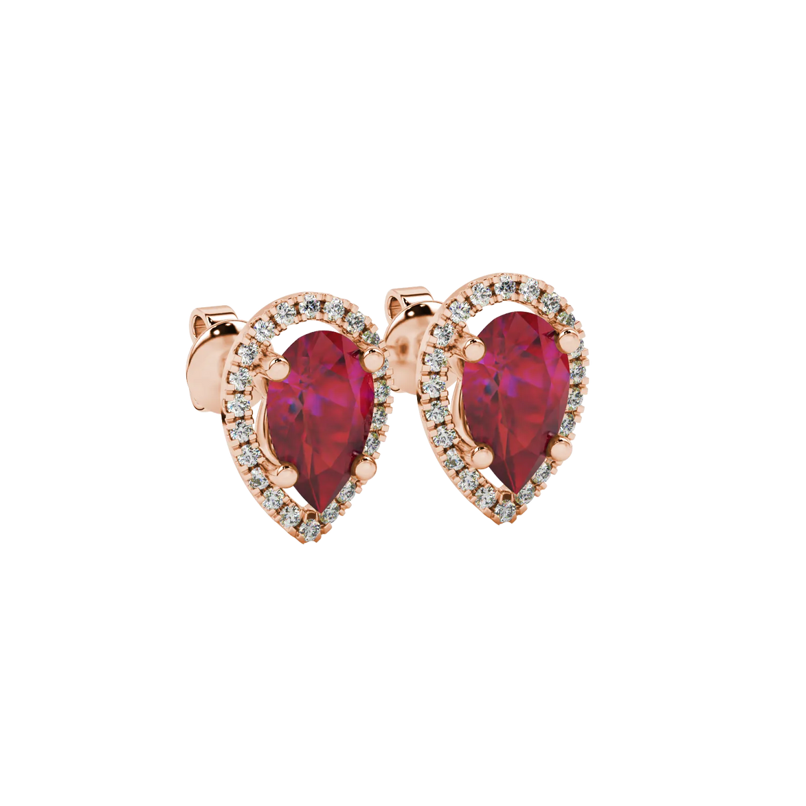 Close-up, pear shape raspberry red gemstone earrings, rose gold french pavé halo.